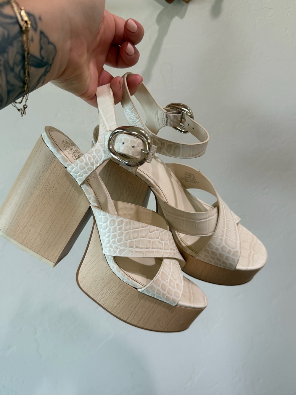 Vince Camuto Ivory Croc-Embossed Platform Sandals with Silver Buckle